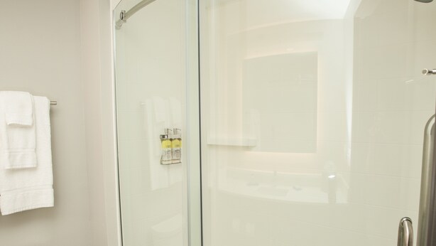 A modern bathroom with a glass shower enclosure, a toilet, and a sink.