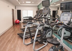 Un gimnasio con cintas de correr, pelotas de ejercicio y mancuernas.