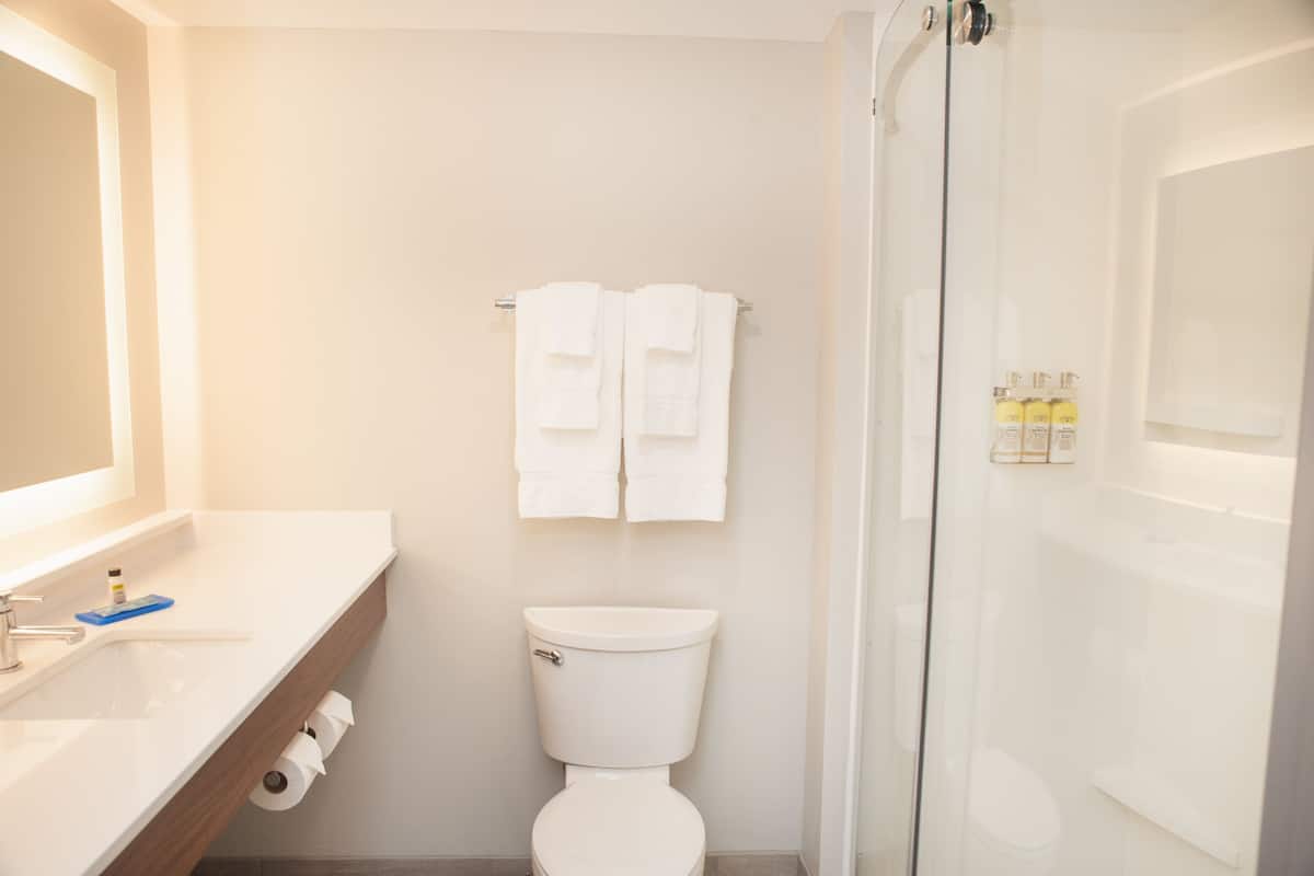 rainfall showerhead, designer toiletries, hair dryer, towels