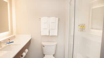 A bathroom with a white sink, a toilet, and a glass shower enclosure.