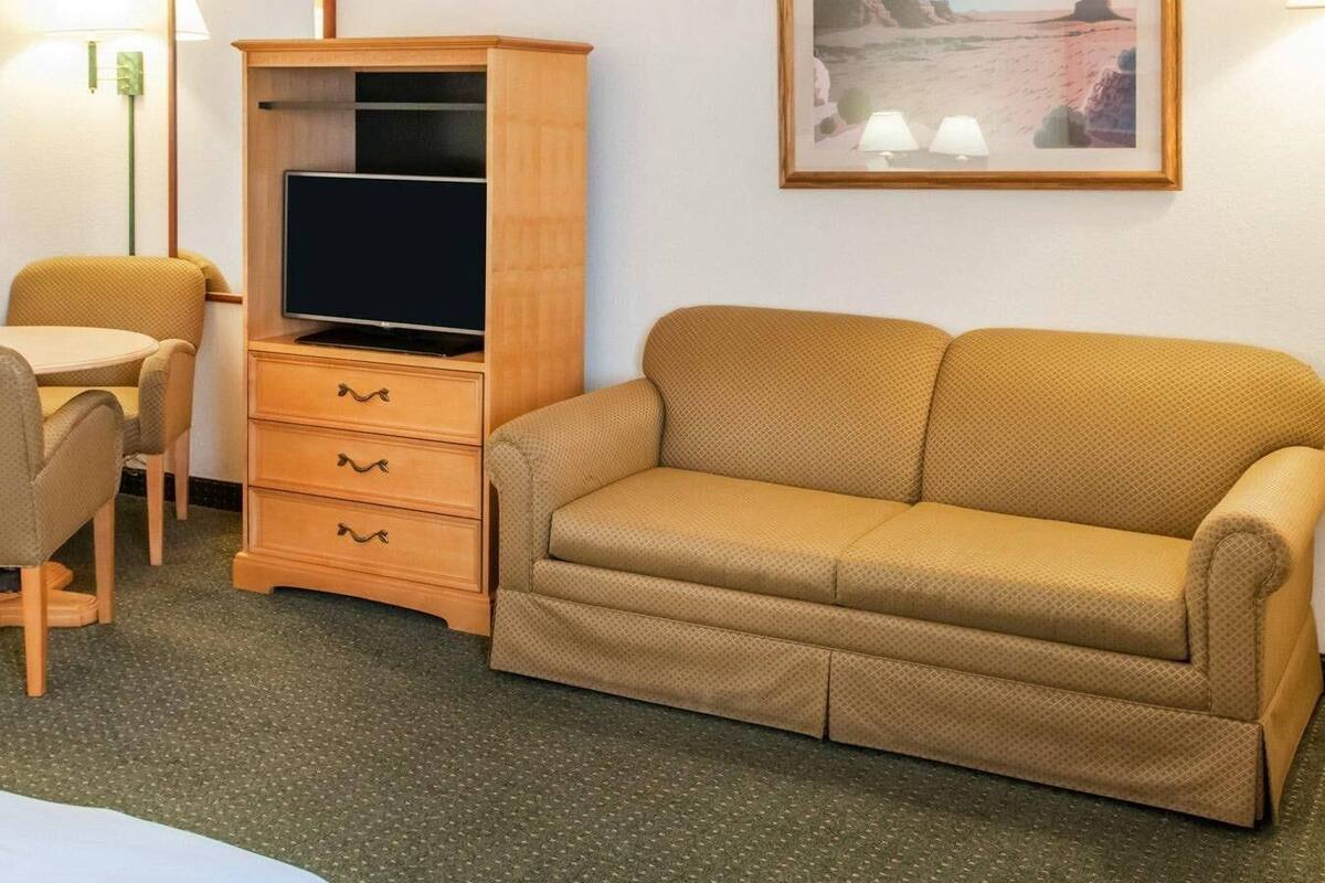 Habitación de hotel con sofá, televisor en mueble de madera, escritorio con silla y un cuadro en la pared.