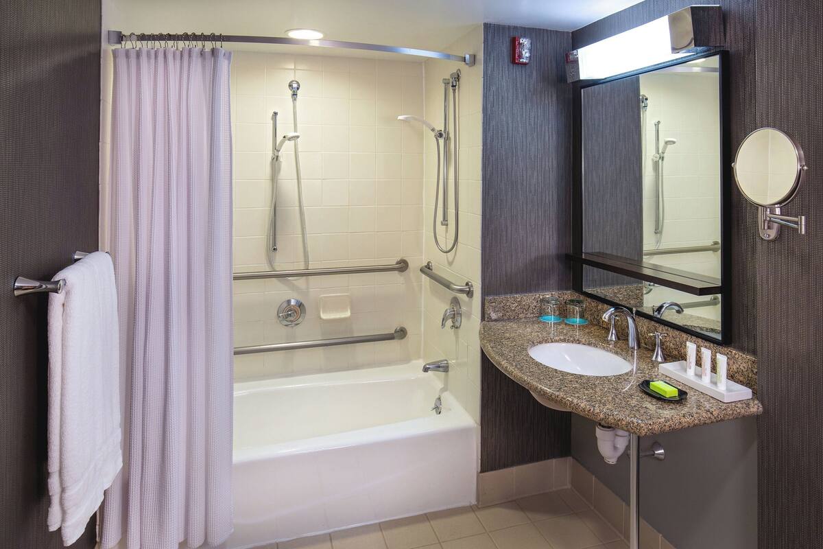 combined shower/bathtub, free toiletries, hair dryer, towels