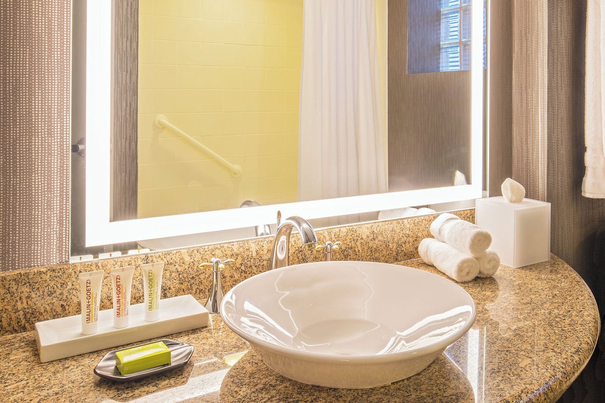 combined shower/bathtub, free toiletries, hair dryer, towels