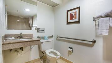 A bathroom with a sink, toilet, and handrails.