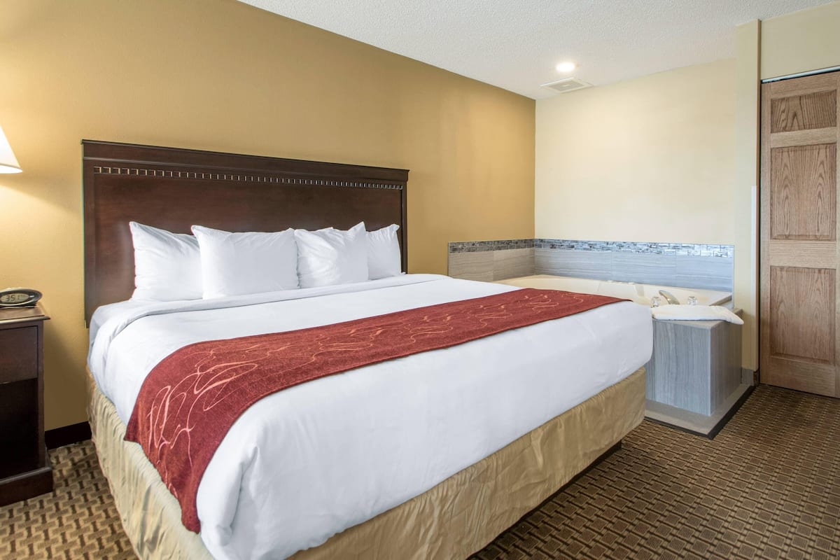 A hotel room with a large bed, a nightstand, a bathroom with a sink and mirror, and a wooden door.
