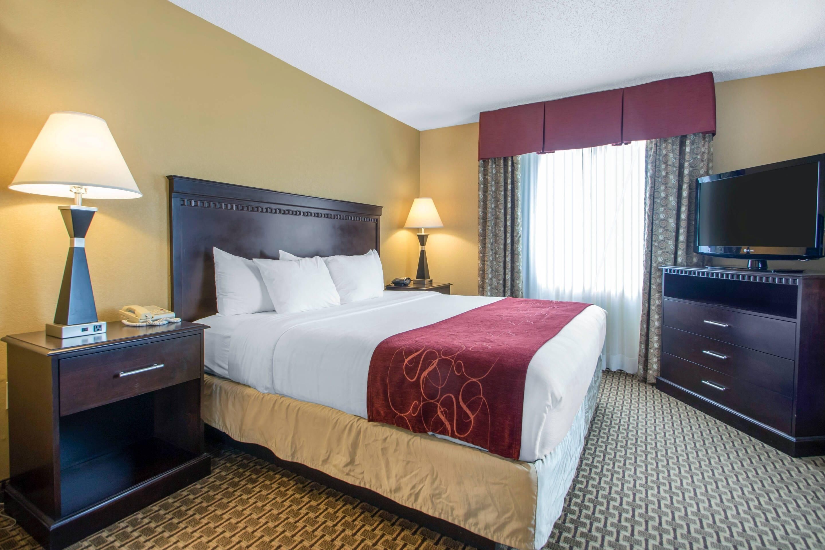 A hotel room with a bed, two bedside lamps, a TV, a nightstand, and a window with curtains.