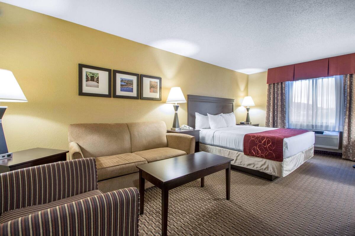 A hotel room with a bed, a sofa, a coffee table, and two lamps.