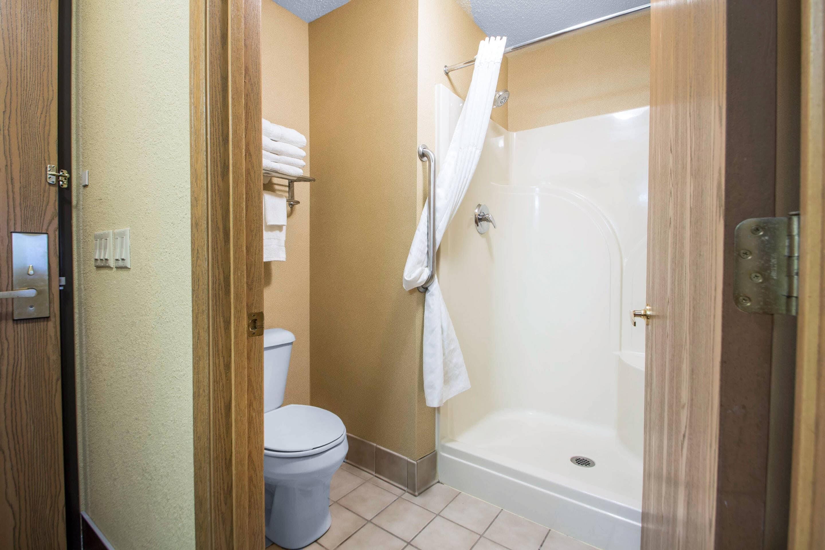 A bathroom with a toilet, a shower with a glass door, and a towel rack.