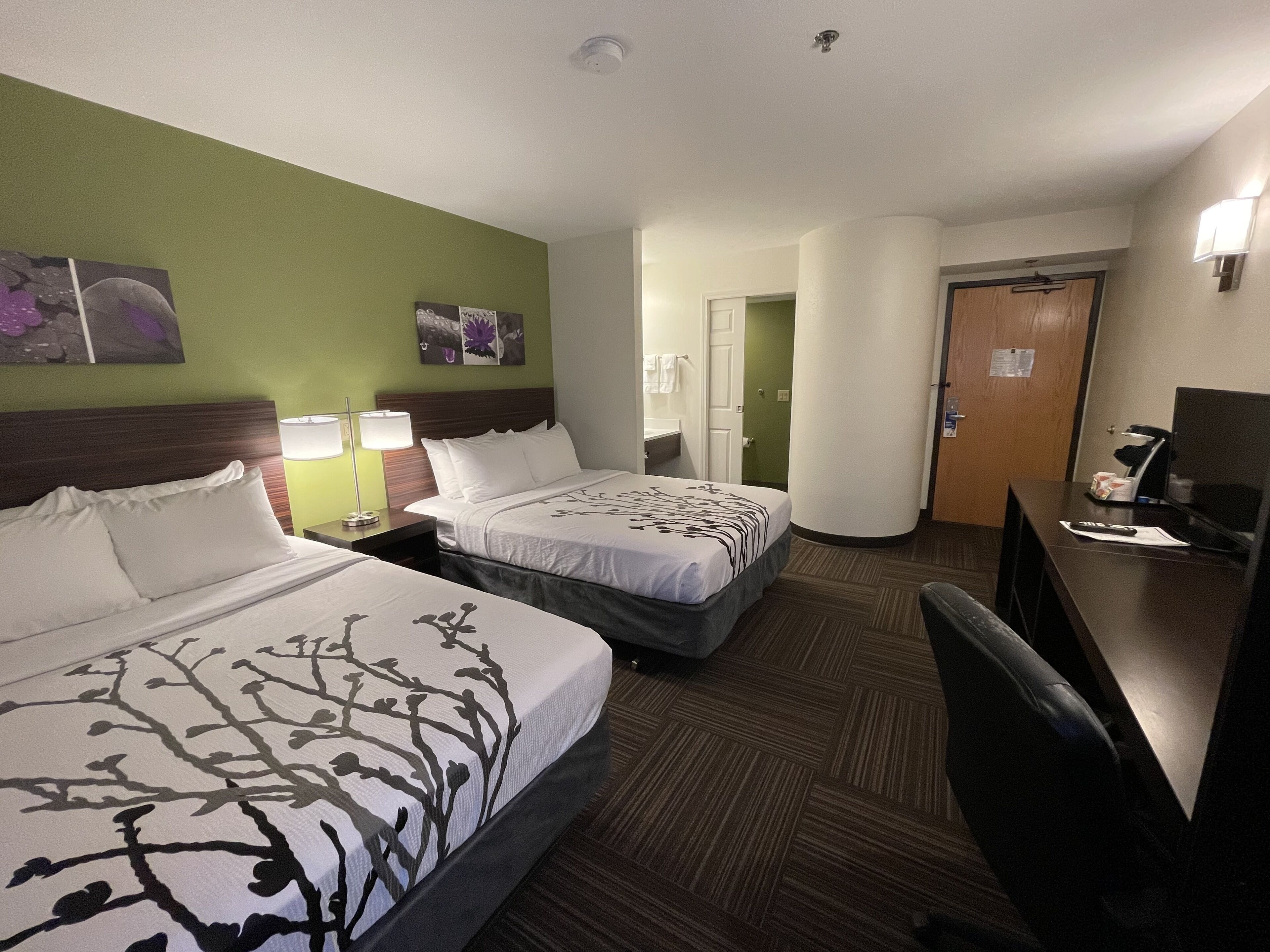 A hotel room with two beds, a desk, a chair, and a television.