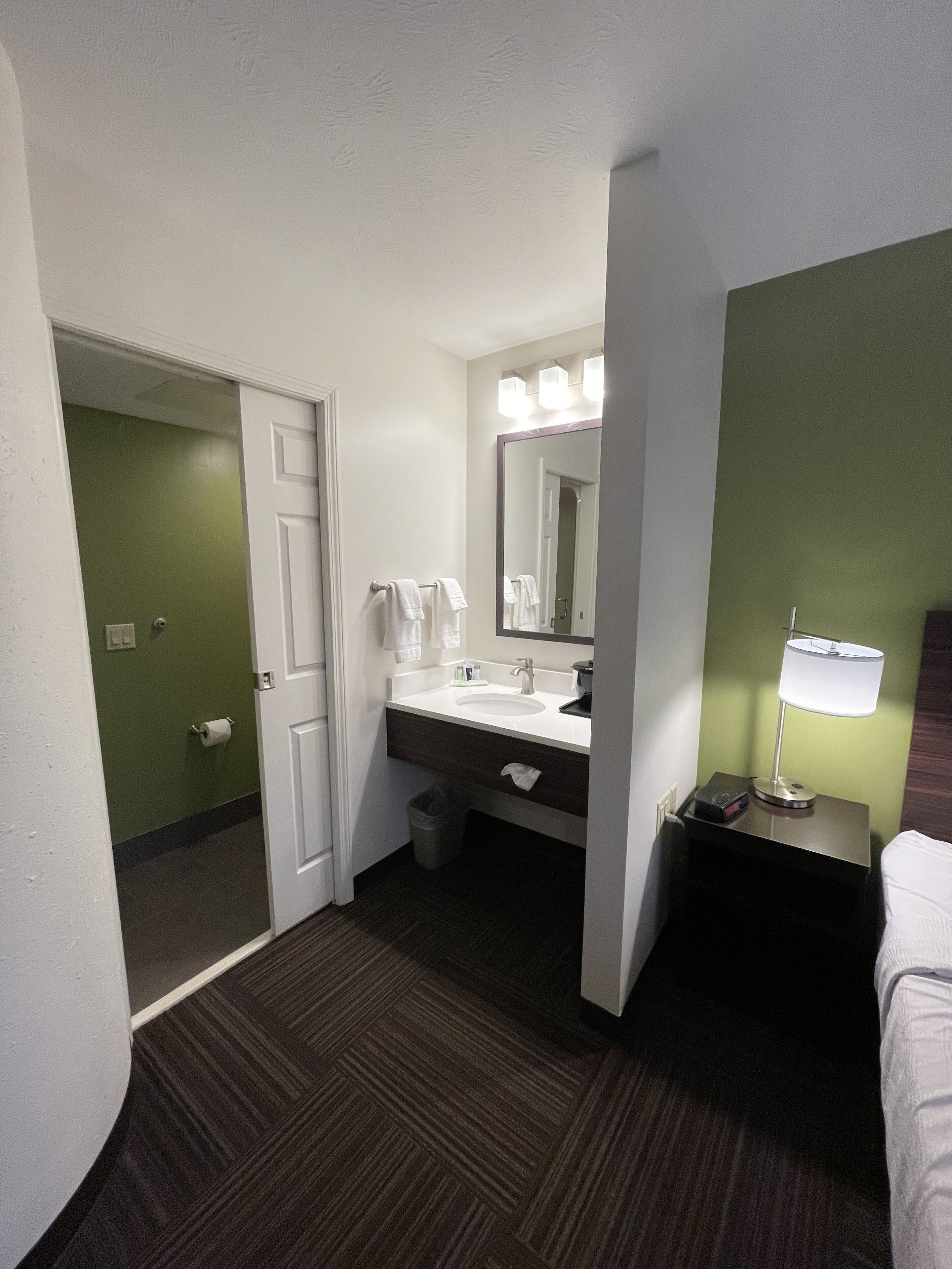 A hotel bathroom with a white sink, mirror, and a trash bin.