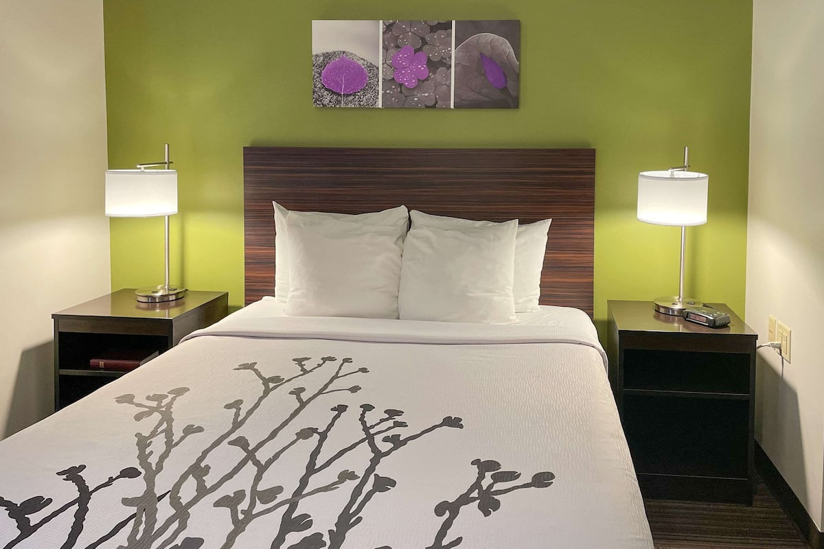 A hotel room with a bed, two bedside tables, two lamps, and a wall art piece above the bed.