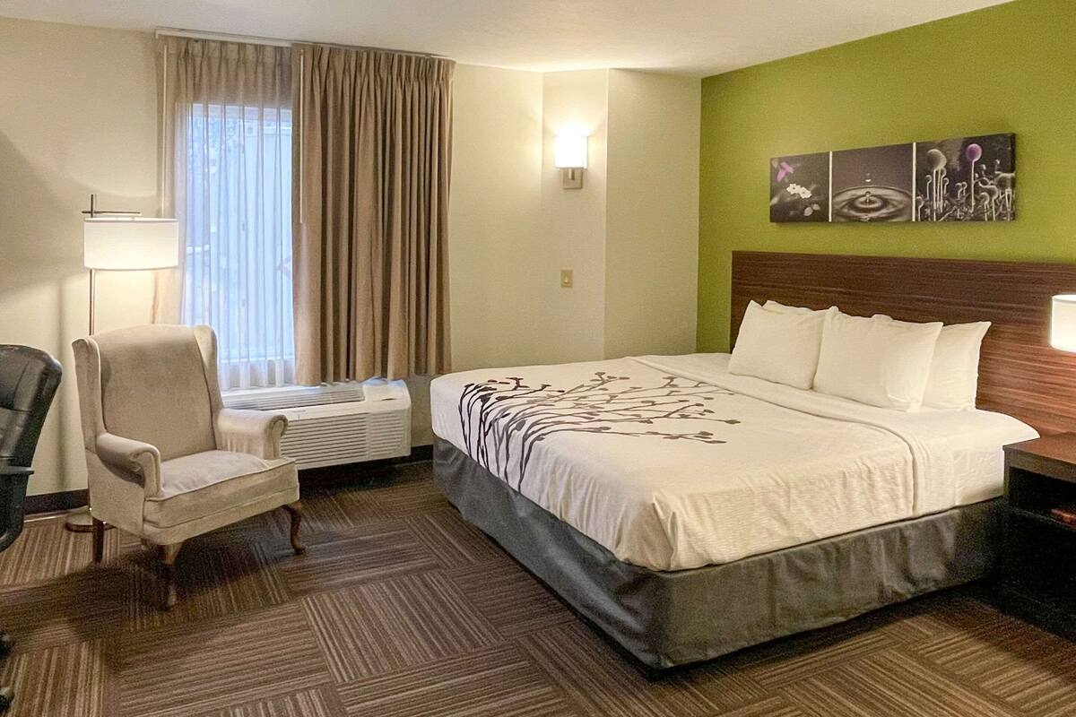 A hotel room with a bed, a chair, a desk, a lamp, and a painting on the wall.