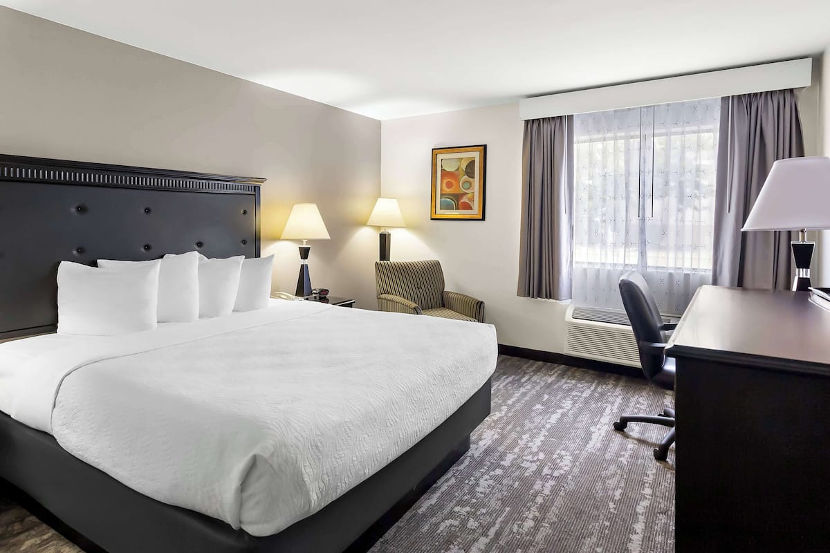 A hotel room with a large bed, two bedside lamps, a desk with a chair, a radiator, and a window with curtains.
