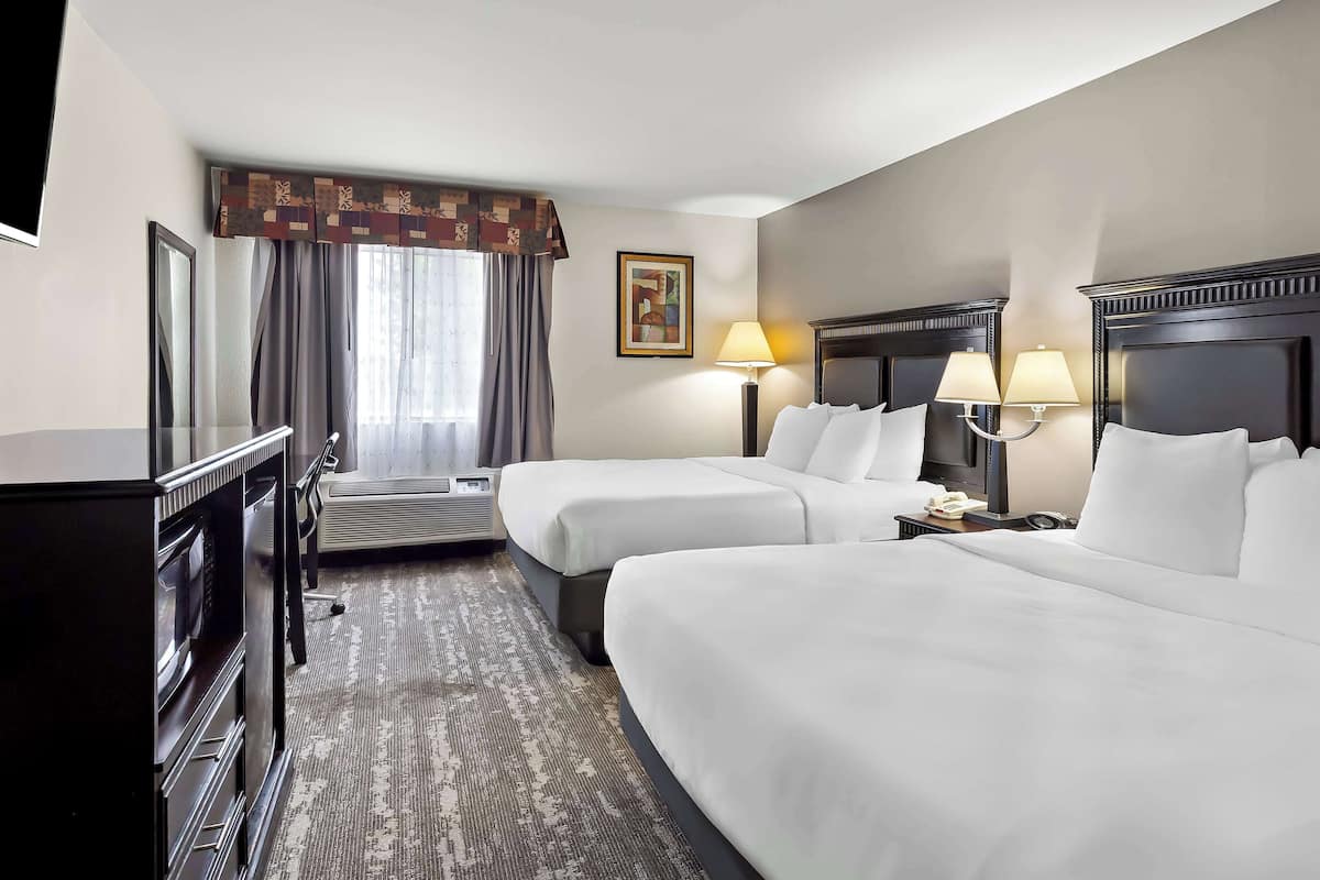 A hotel room with two beds, a desk, a chair, a TV, a lamp, and a painting on the wall.
