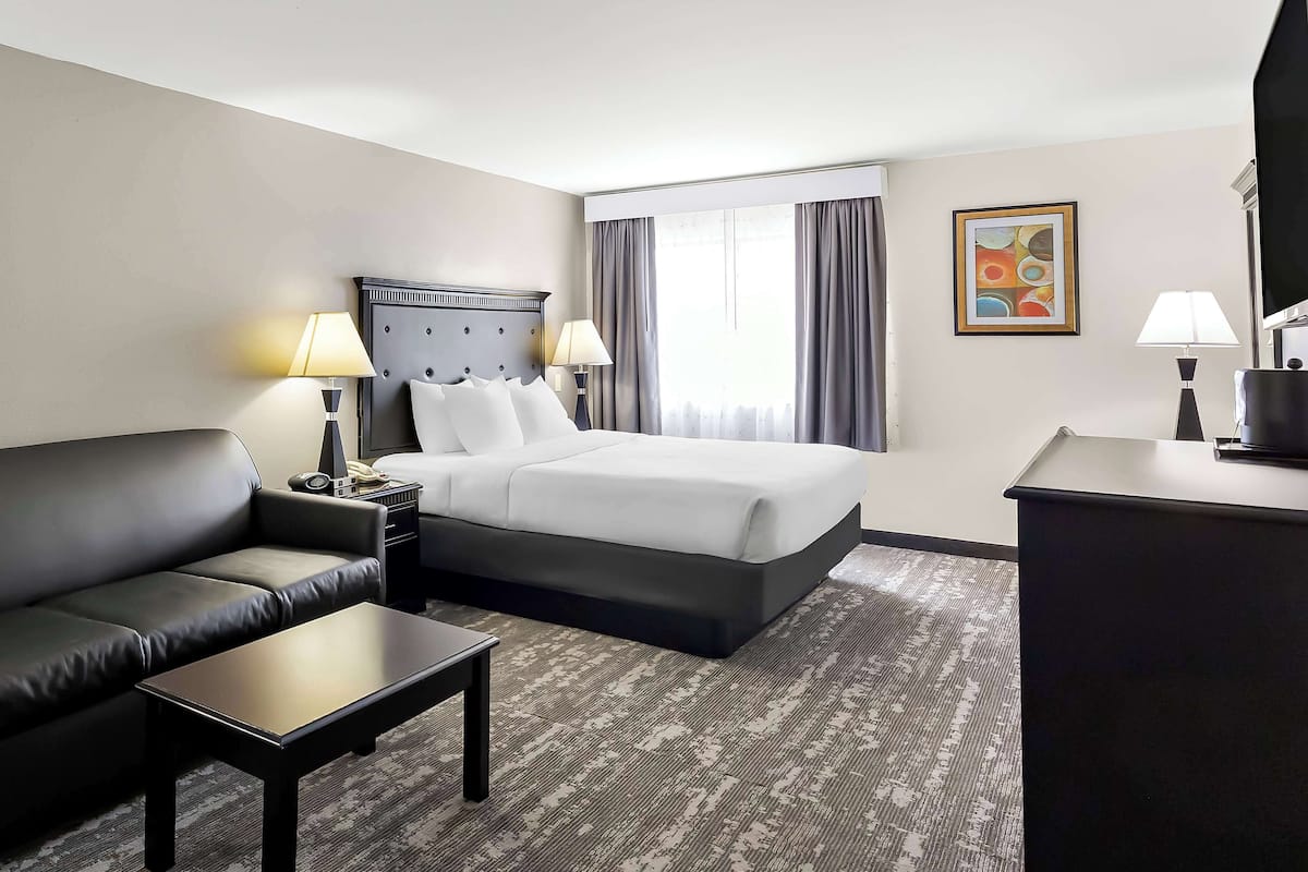 A hotel room with a bed, a sofa, a desk, and a window with curtains.