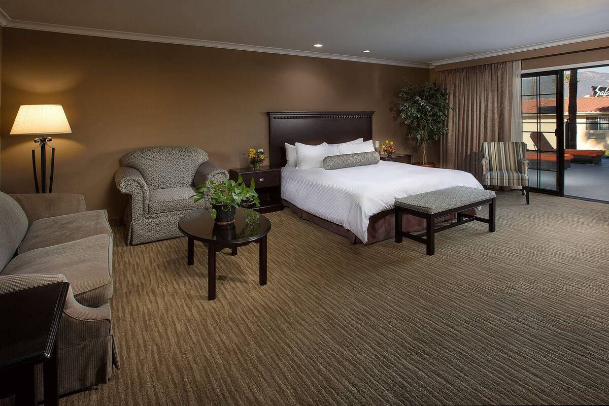 A hotel room with a large bed, a sitting area with a sofa and armchairs, a small table with a plant, and a view of the outdoors through a large window.