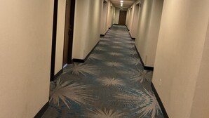 A long, narrow hallway with carpeted floors and walls, leading to a door at the end. - Days Inn by Wyndham Colorado Springs Airport (Colorado Springs)