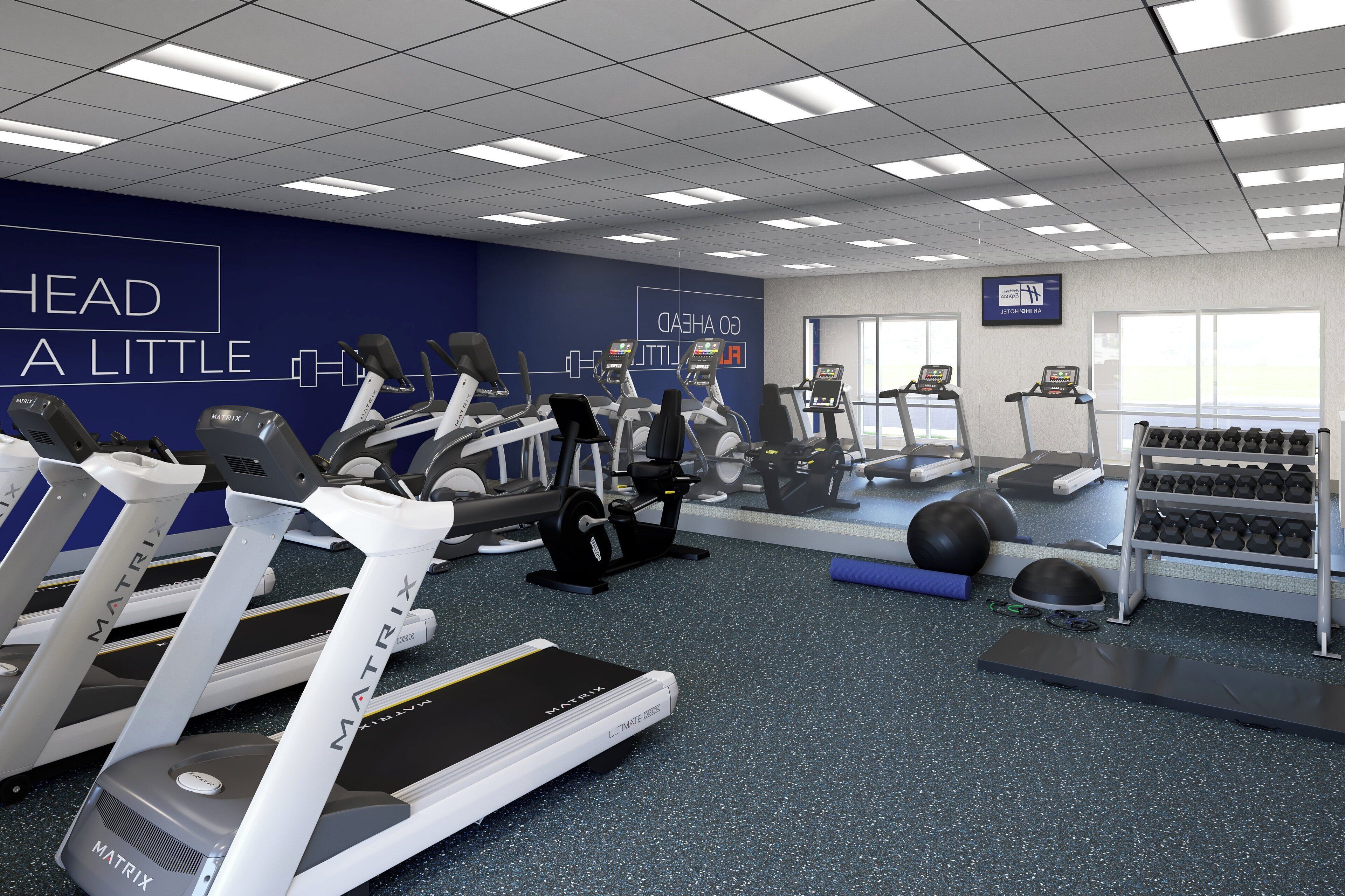 A gym with treadmills, elliptical machines, and weightlifting equipment.