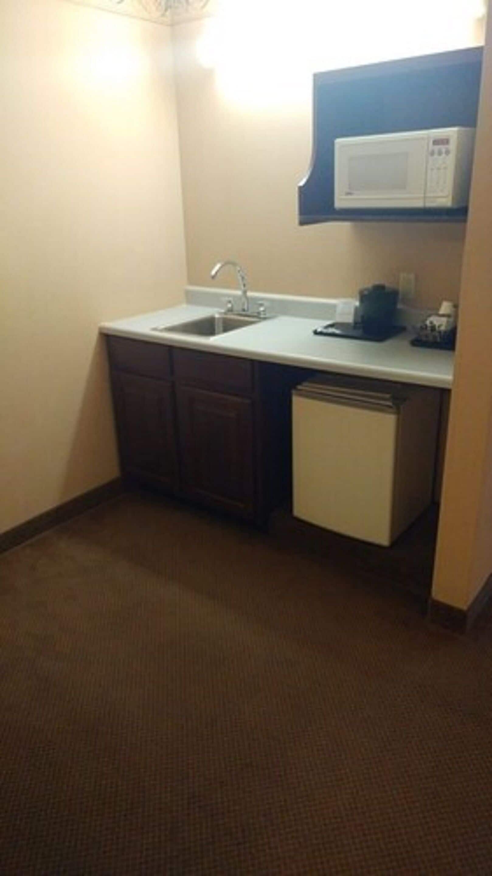 Een kleine kitchenette met een spoelbak, magnetron en een compacte koelkast.