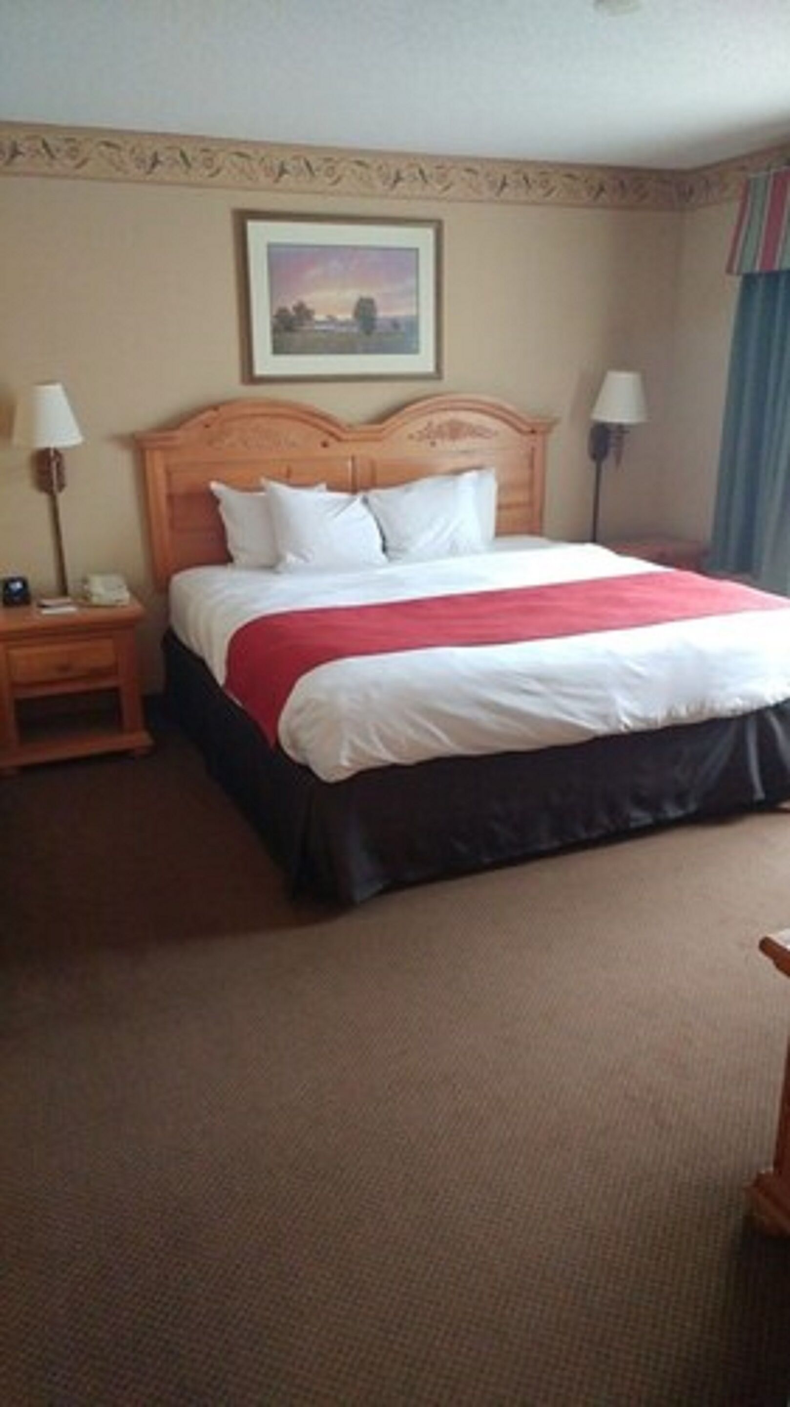 A hotel room with a large bed, two bedside tables, a nightstand, a lamp, and a framed picture on the wall.