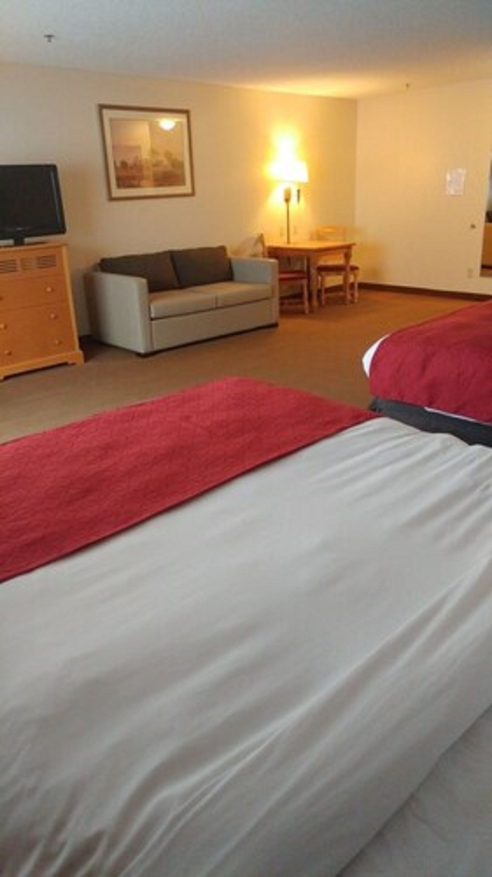 A hotel room with a bed, a sofa, a desk, and a lamp.