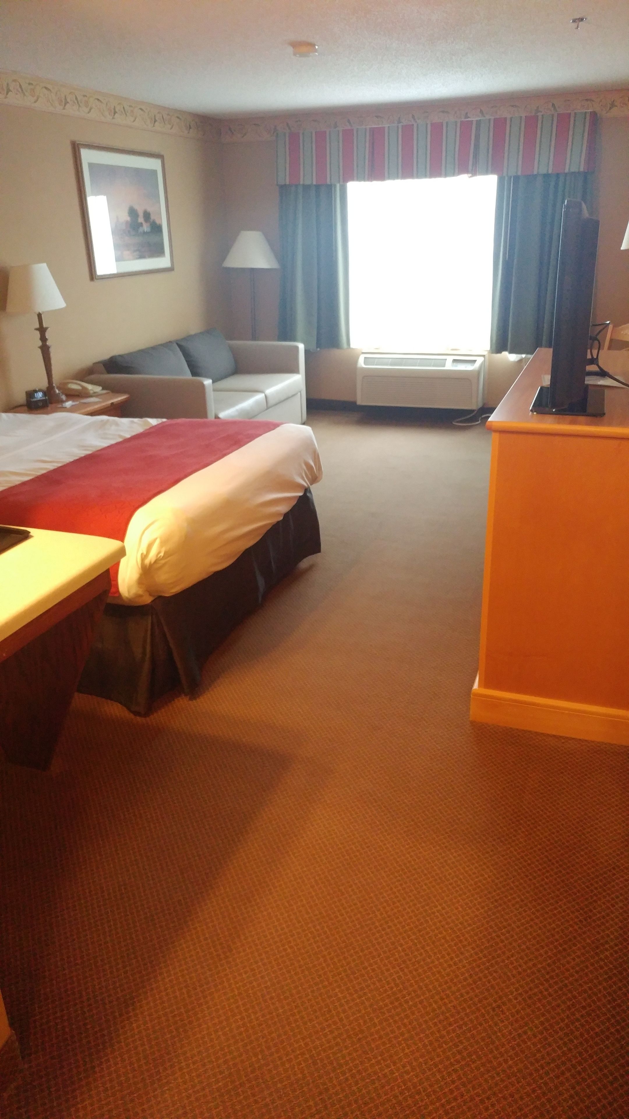A hotel room with a bed, a desk, a chair, a sofa, a television, and a window with curtains.