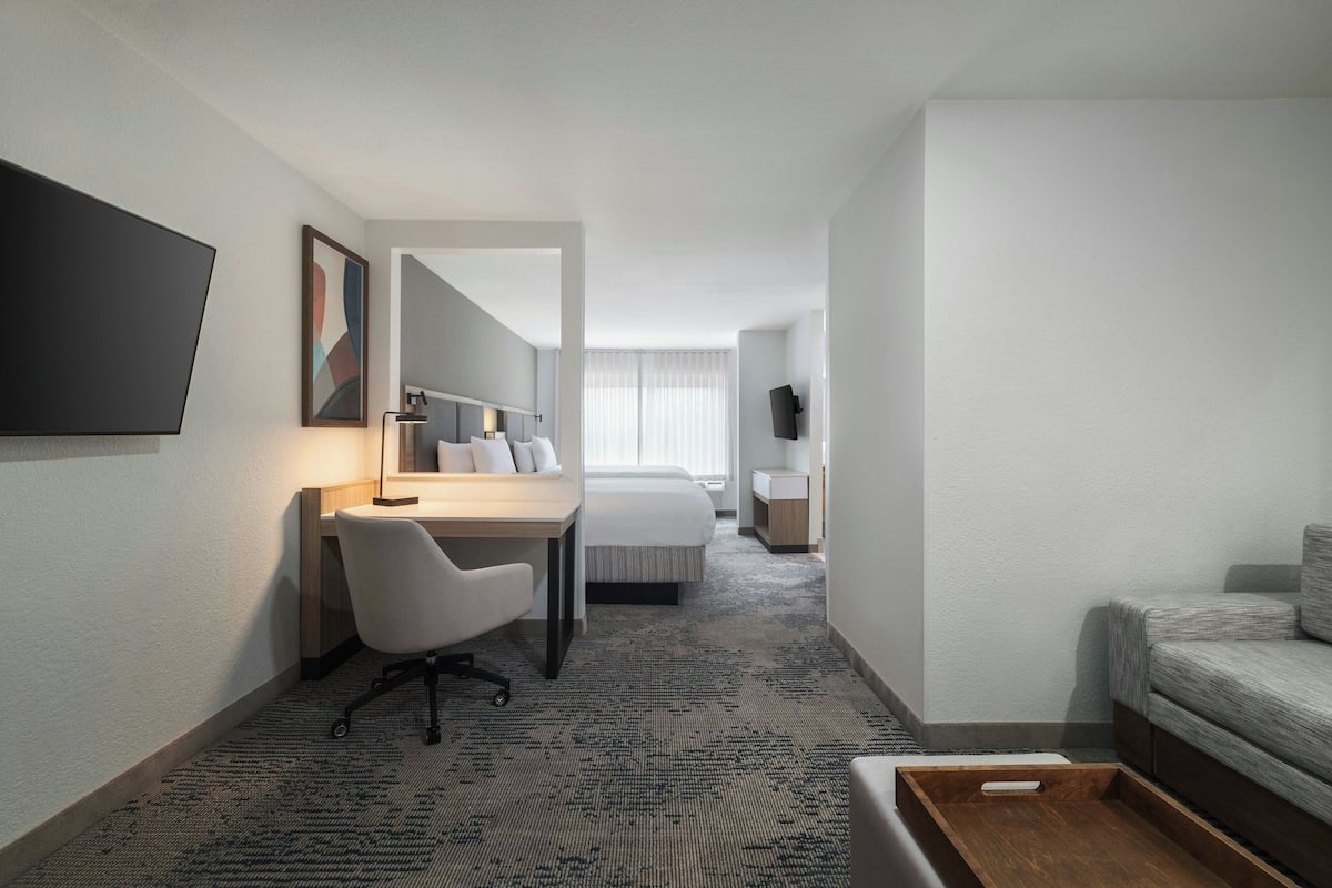 Ein Hotelzimmer mit Bett, Schreibtisch, Sessel, Fernseher und einer Couch.