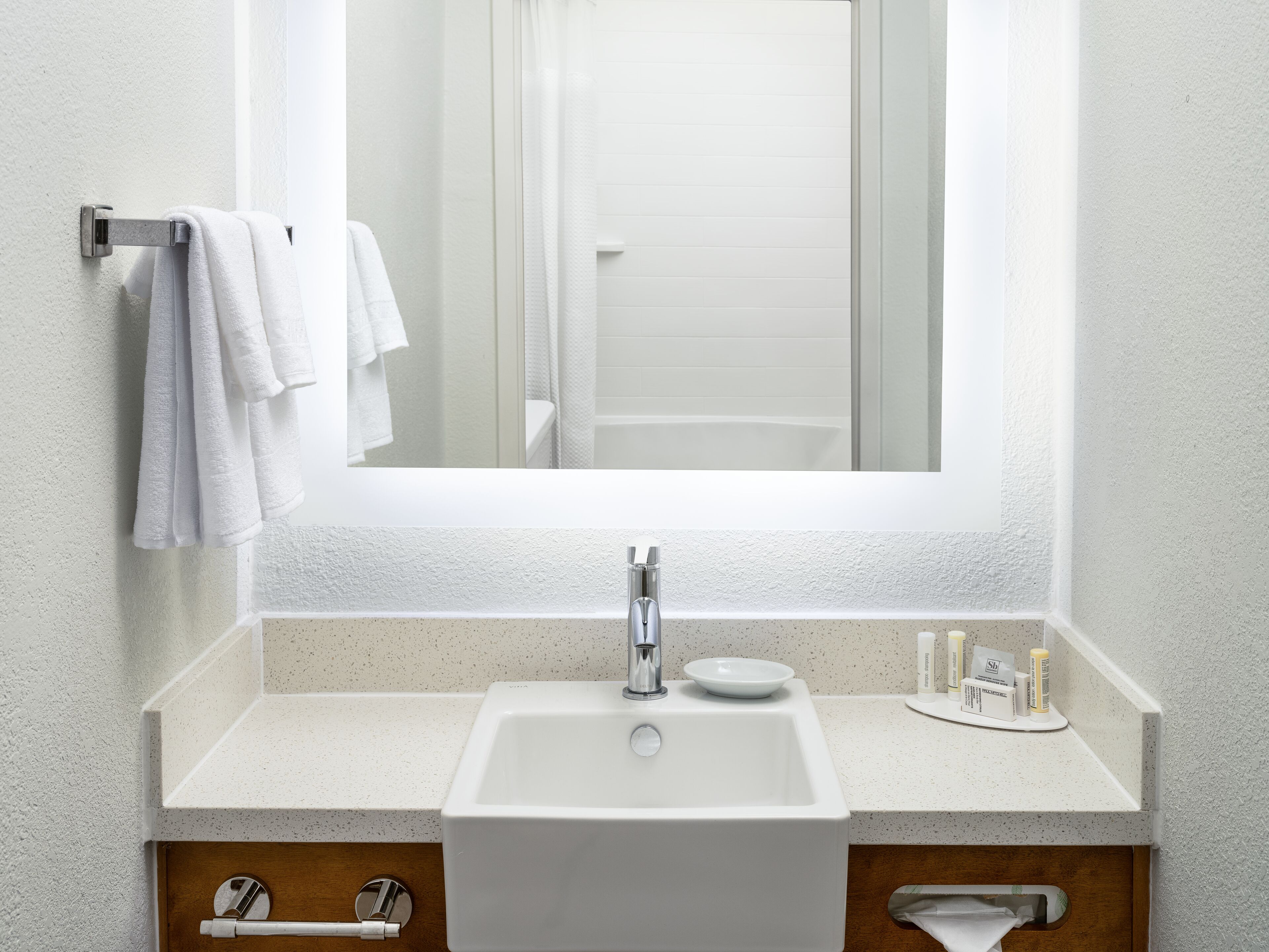 combined shower/bathtub, free toiletries, hair dryer, towels