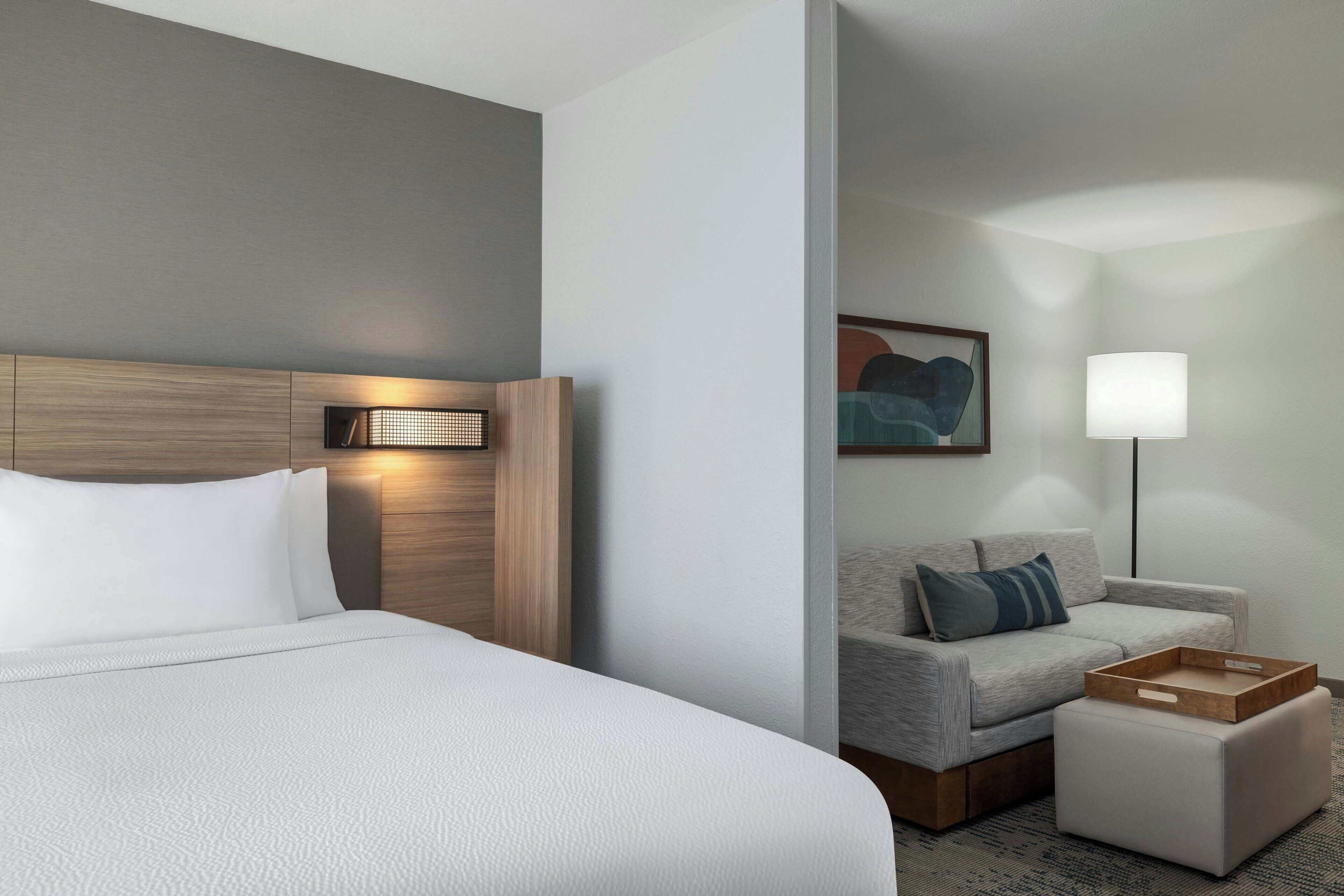 Una habitación de hotel con una cama, un sofá, una lámpara y un cuadro en la pared.