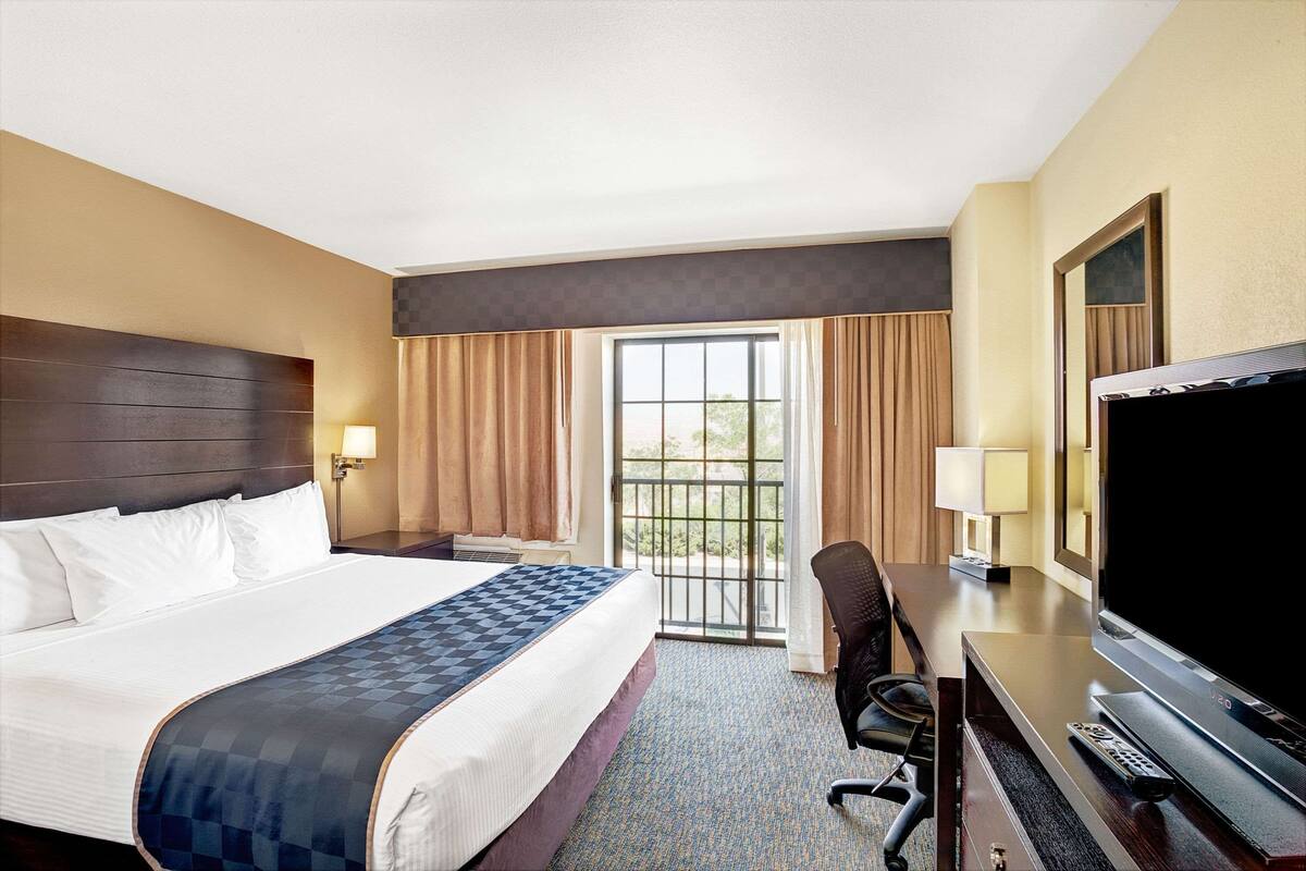 A hotel room with a large bed, a desk with a TV, and a view of the outdoors through a sliding door.
