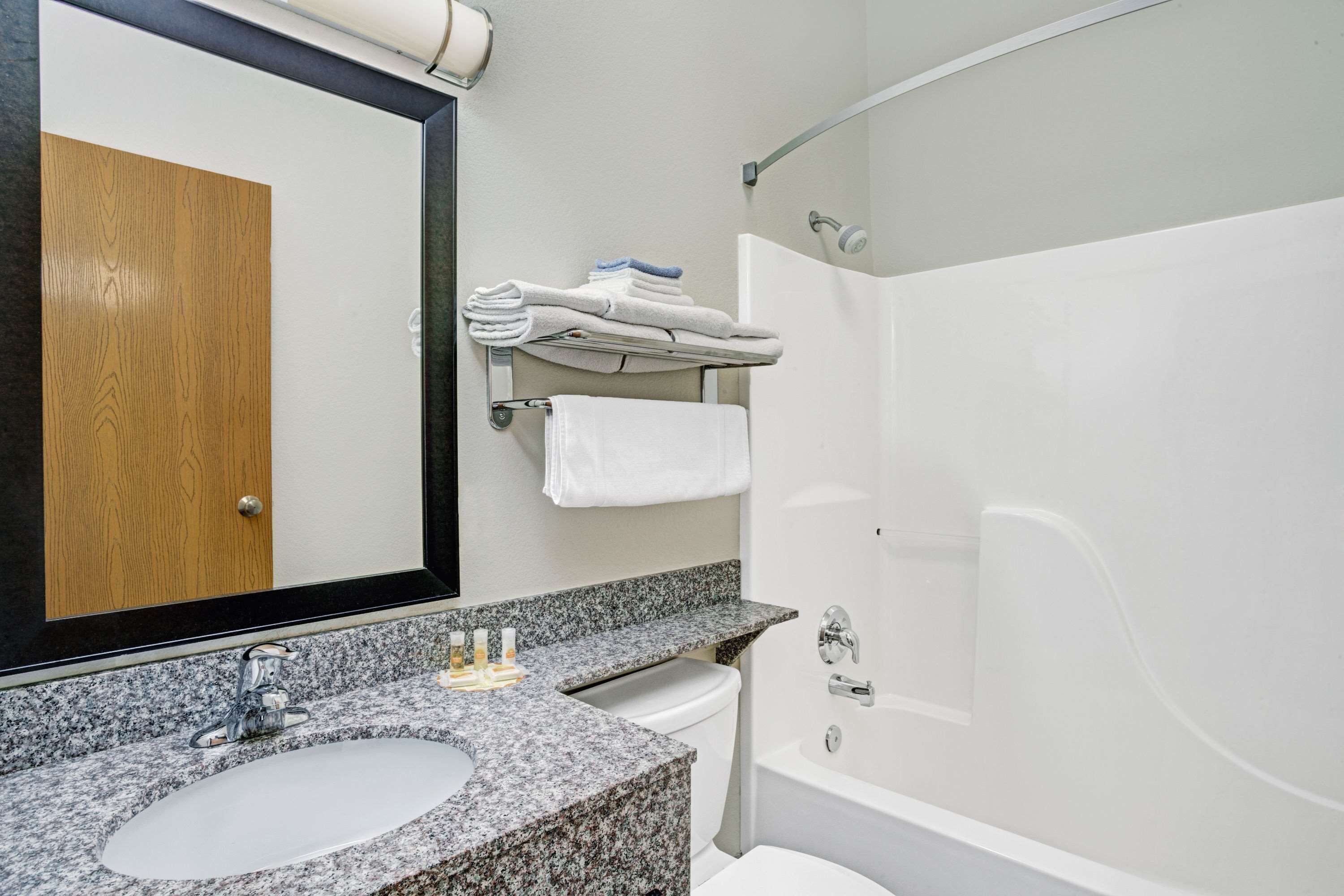 combined shower/bathtub, free toiletries, hair dryer, towels