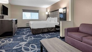Hotellihuone, jossa on sänky, televisio, työpöytä, sohva ja ikkuna, jossa on sälekaihtimet.