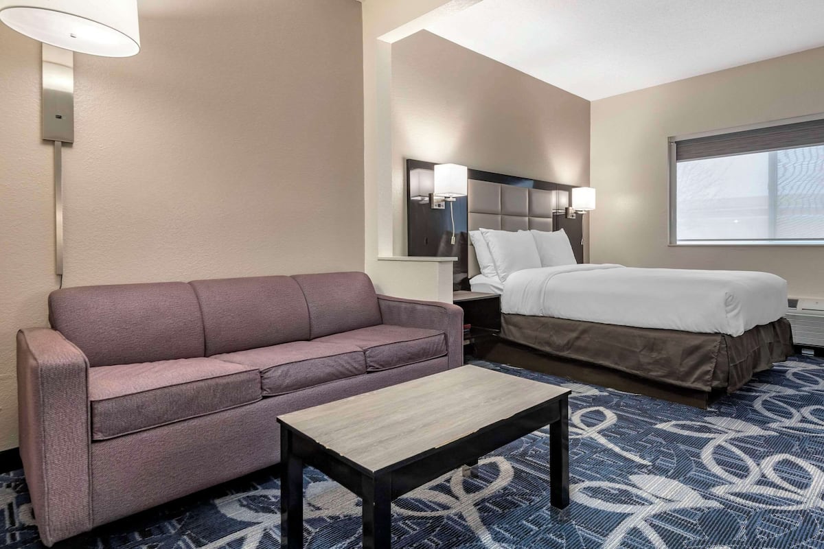 A hotel room with a sofa, a bed, a nightstand, and a table.