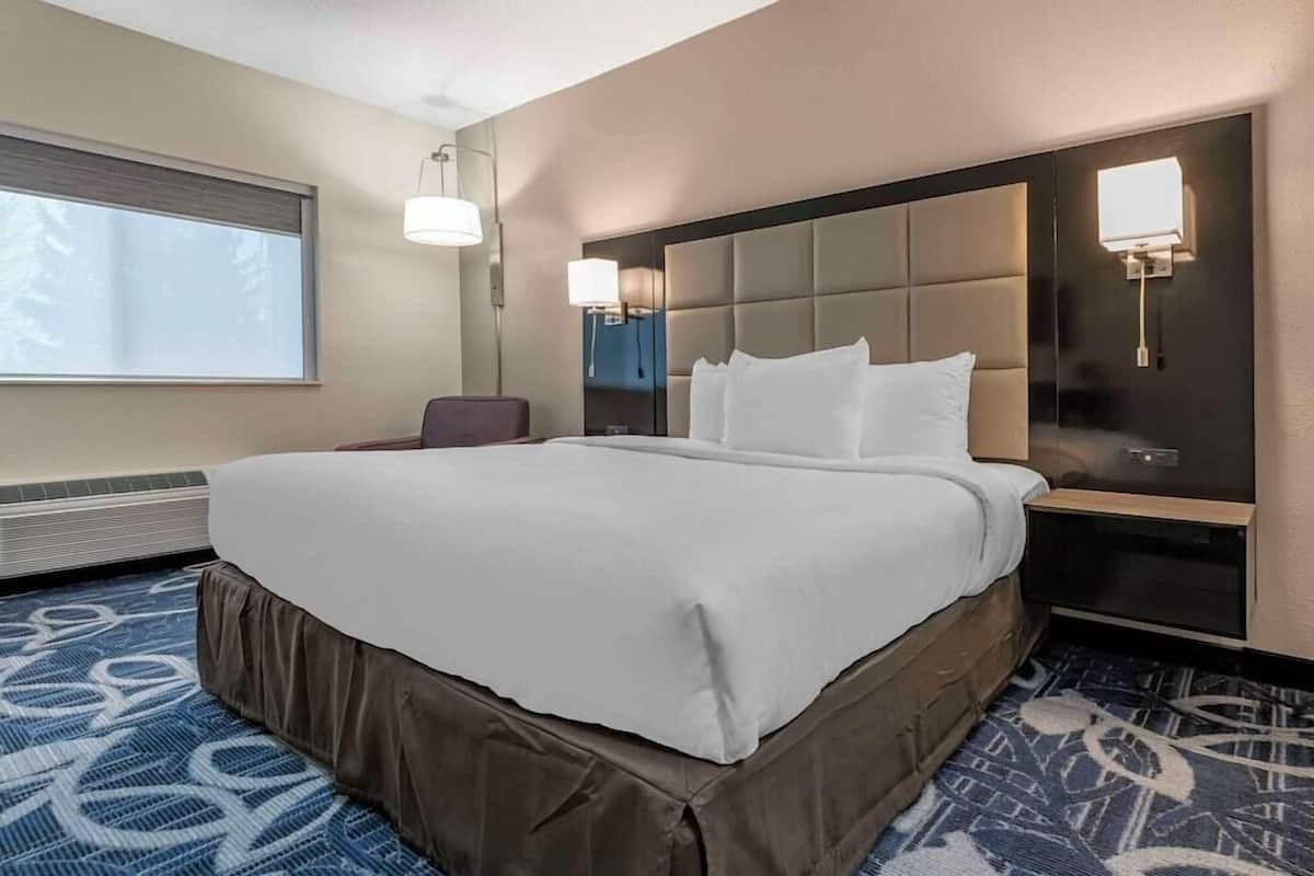 A hotel room with a large bed, a chair, a nightstand, a wall-mounted lamp, and a window with blinds.