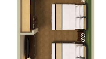 Distribución de una habitación de hotel con dos camas, un escritorio, una silla, un baño pequeño y un área de comedor.