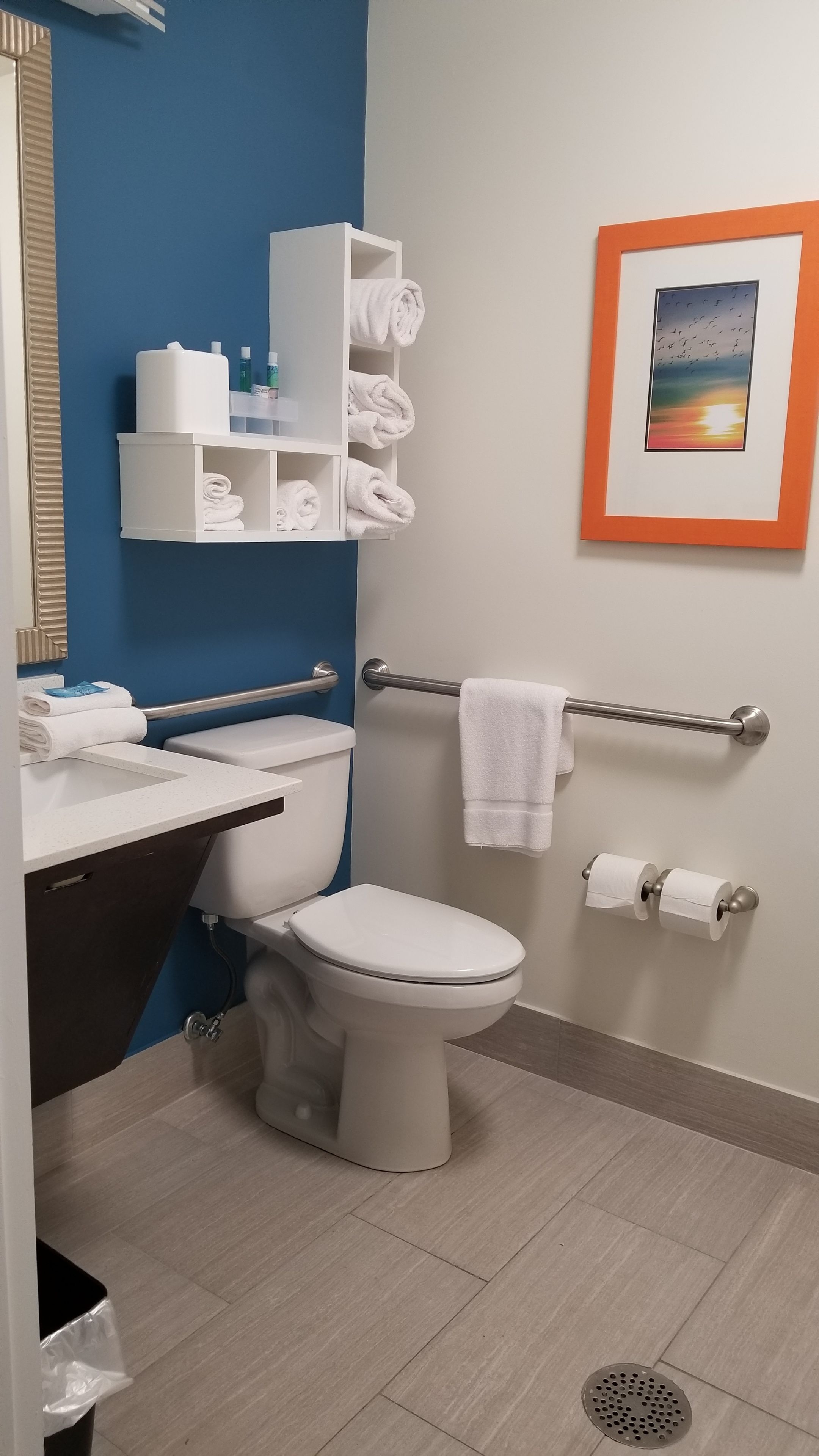 combined shower/bathtub, free toiletries, hair dryer, towels