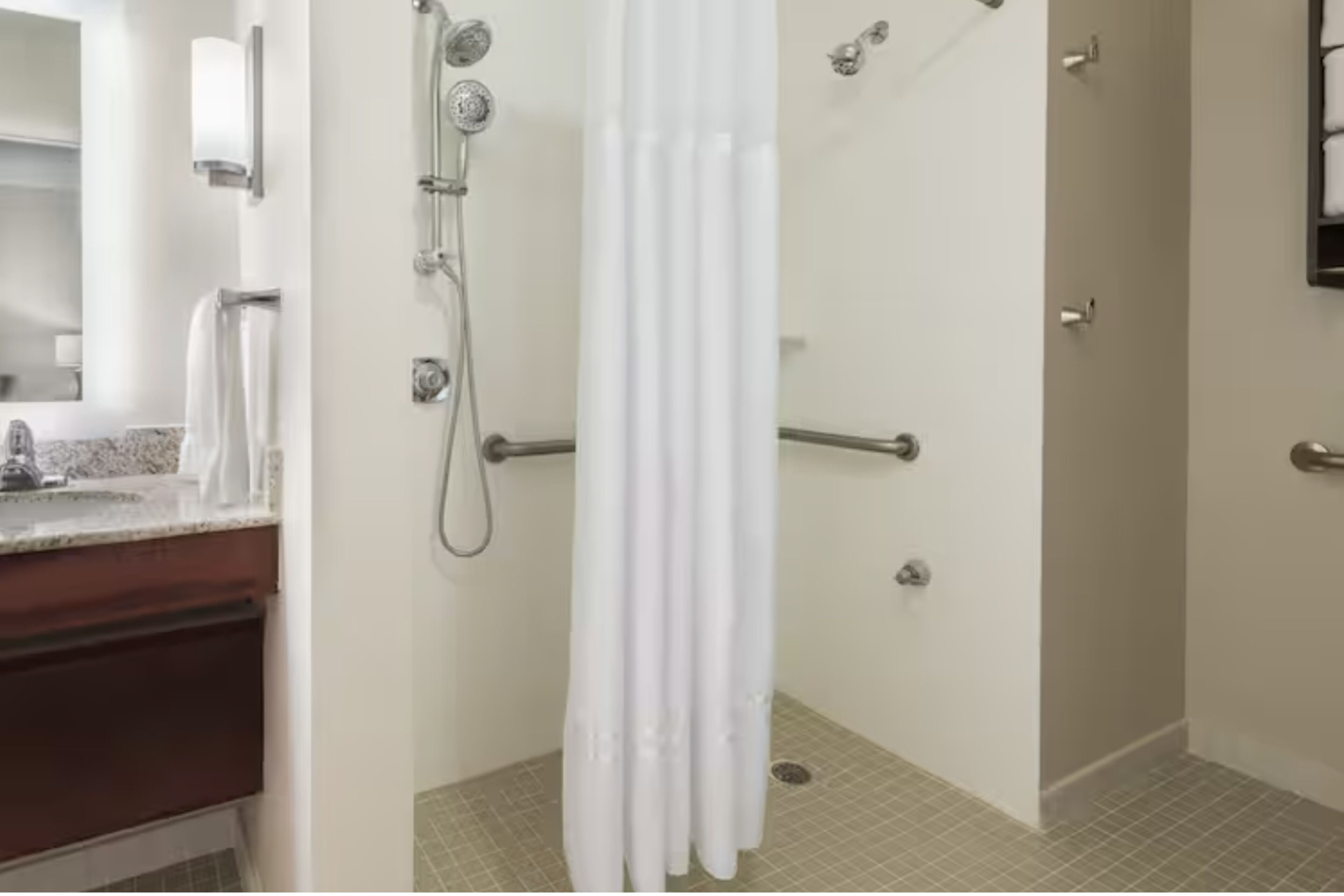 suite, accessible, non smoking (mobility & hearing, roll-in shower) | bathroom | hair dryer, towels