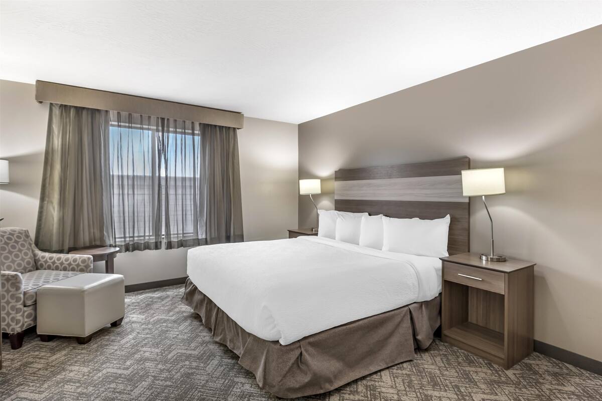 A hotel room with a large bed, two bedside tables, a chair, and a view of the city skyline through the window.