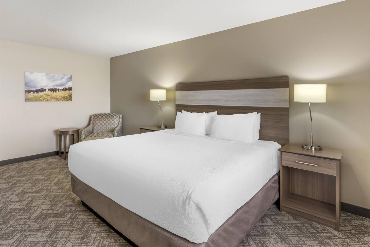 A hotel room with a large bed, two bedside tables with lamps, a chair, and a wall-mounted picture.