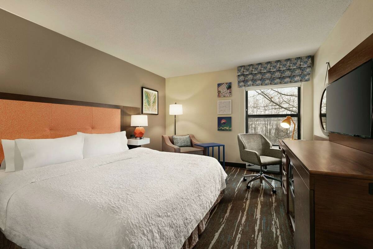 A hotel room with a large bed, a desk with a chair, a TV, and a window with a view of trees.