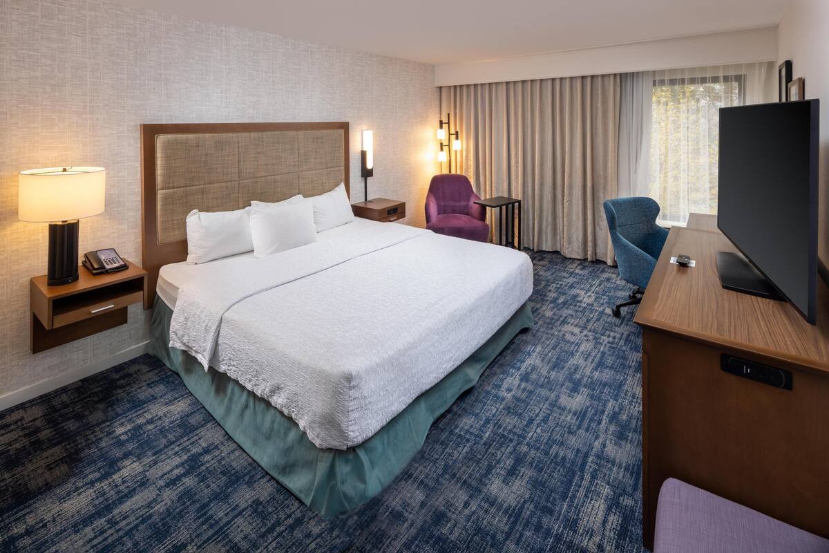 Habitación de hotel con una cama grande, un escritorio con televisor, una silla, una lámpara y un teléfono en la mesita de noche.
