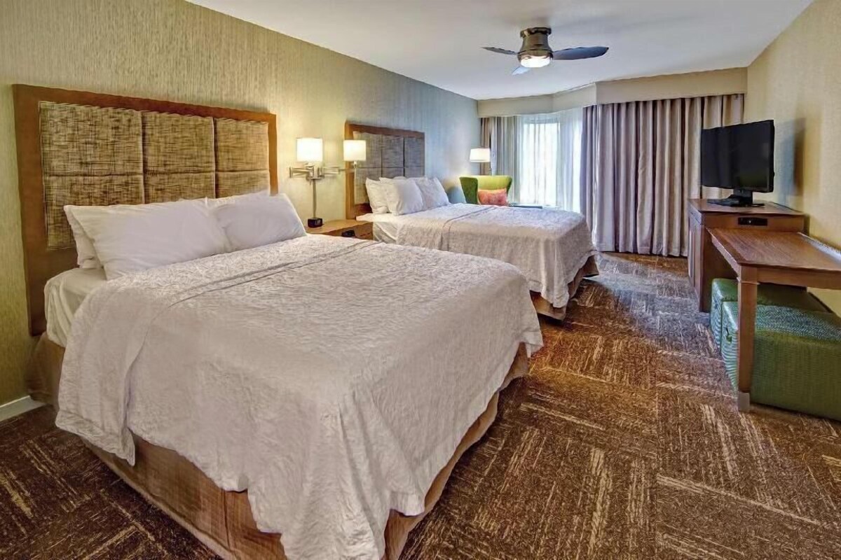 Habitación de hotel con dos camas, un televisor, un escritorio y un ventilador de techo.
