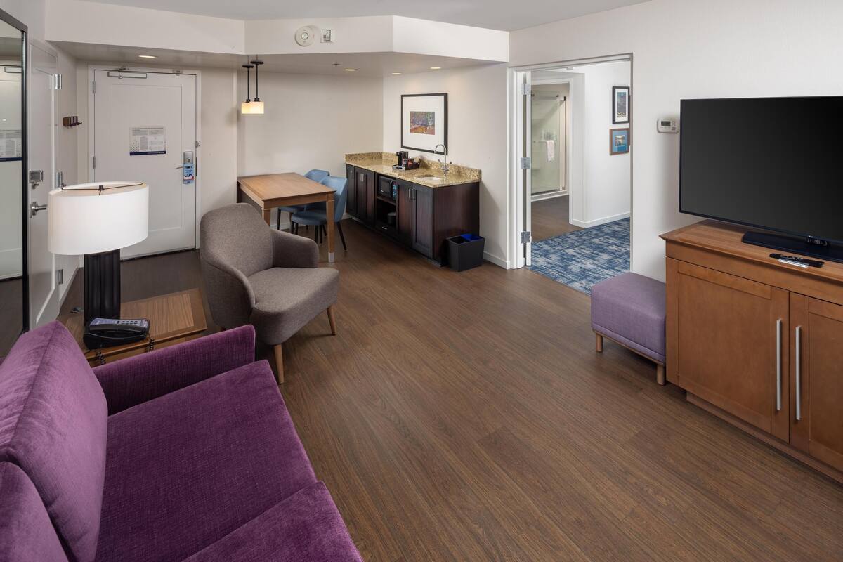 Una habitación de hotel moderna con sofá, televisor, zona de comedor y baño.
