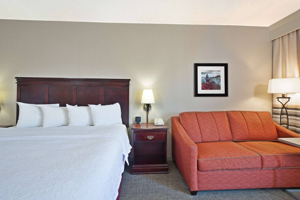 A hotel room with a large bed, a wooden nightstand with a lamp, a red sofa, and a framed picture on the wall.