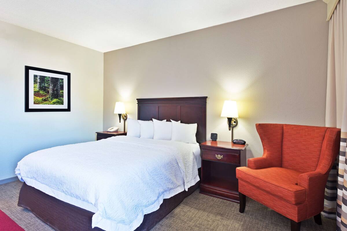 A hotel room with a large bed, two bedside tables with lamps, a red armchair, and a framed picture on the wall.