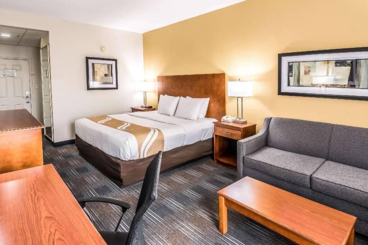 A hotel room with a bed, a sofa, a desk, and a chair.