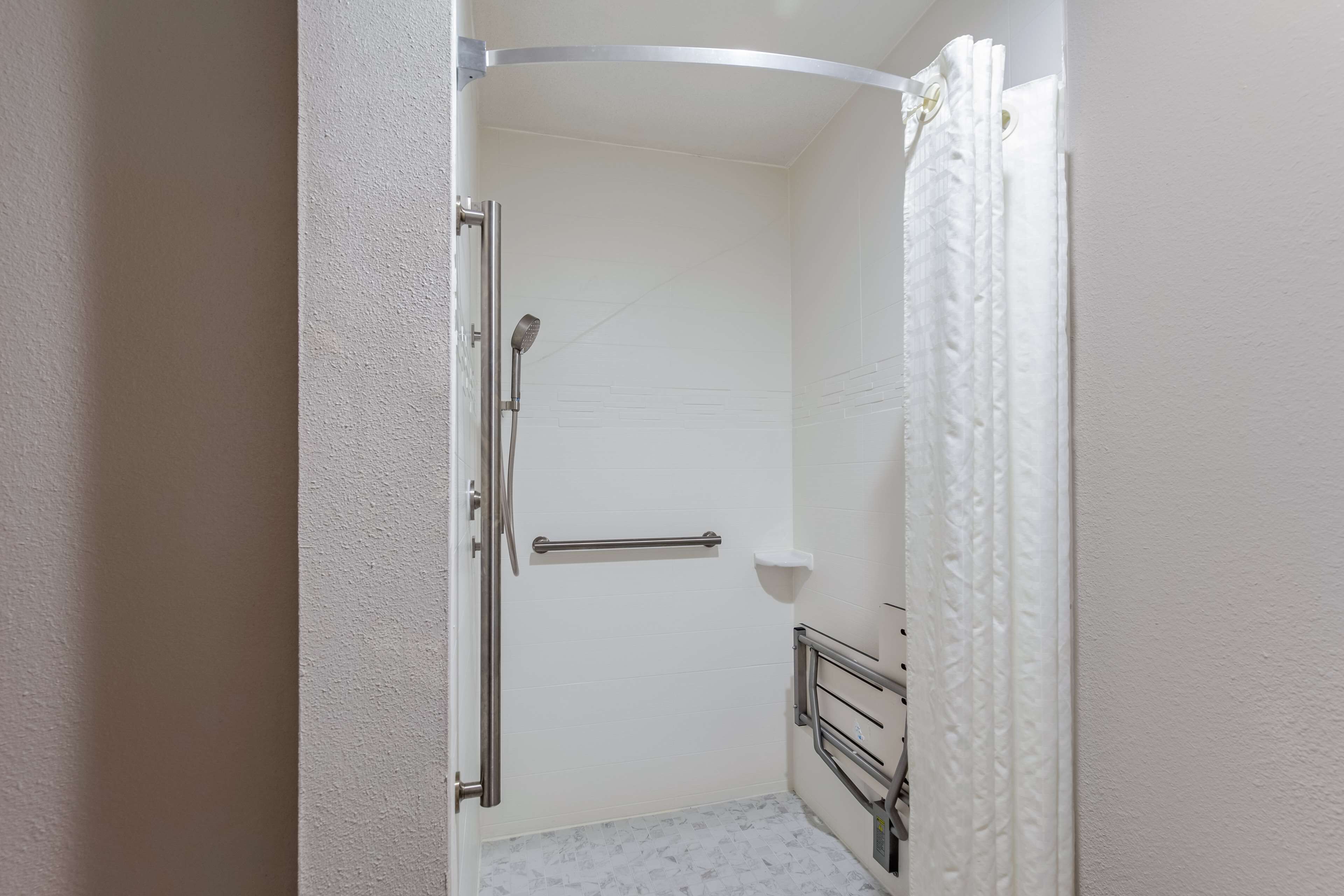 standard room, 1 king bed, accessible, refrigerator & microwave (walk-in shower) | bathroom | free toiletries, hair dryer, towels, soap