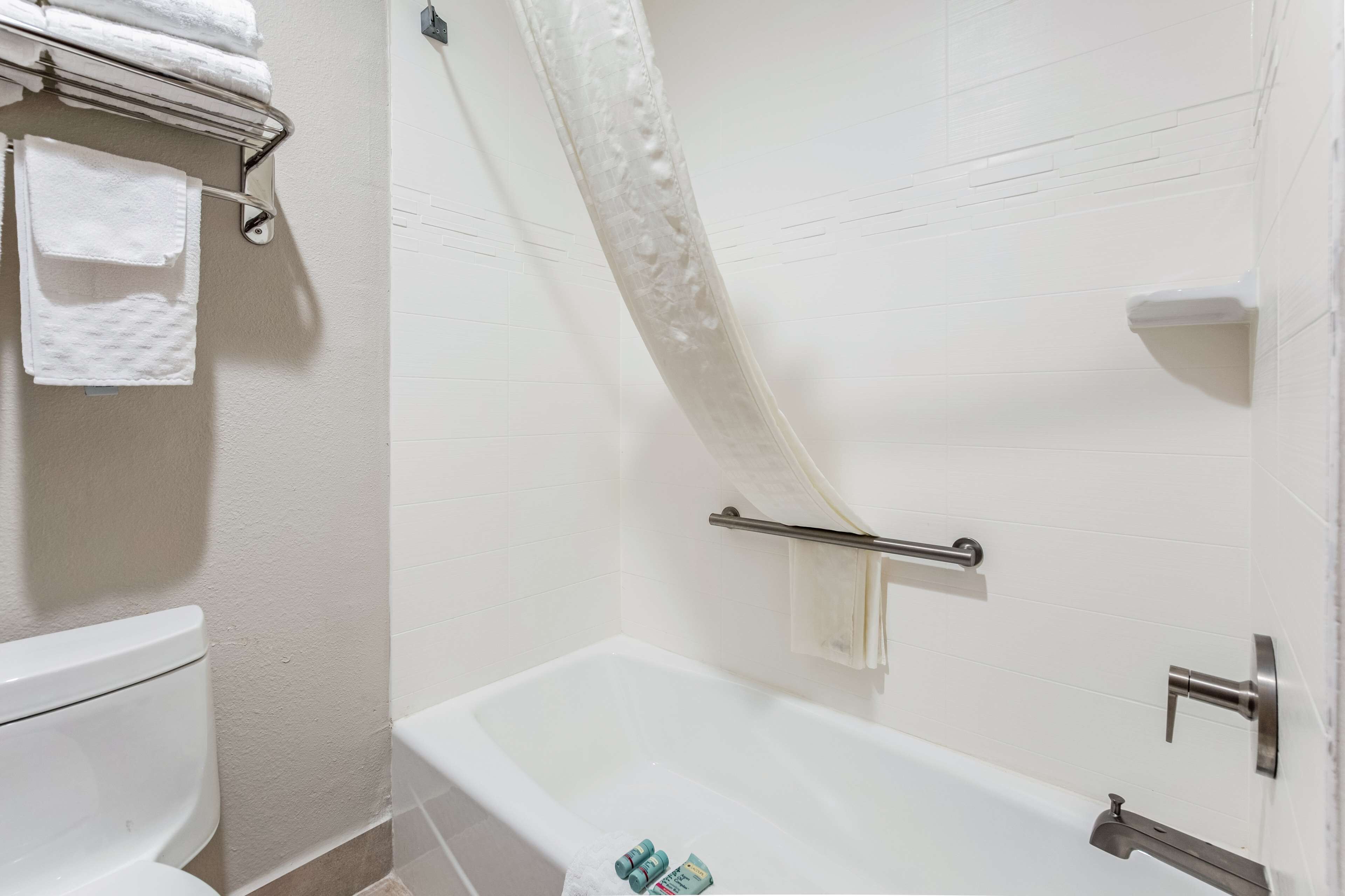 standard room, 1 king bed, non smoking, refrigerator & microwave | bathroom | free toiletries, hair dryer, towels, soap