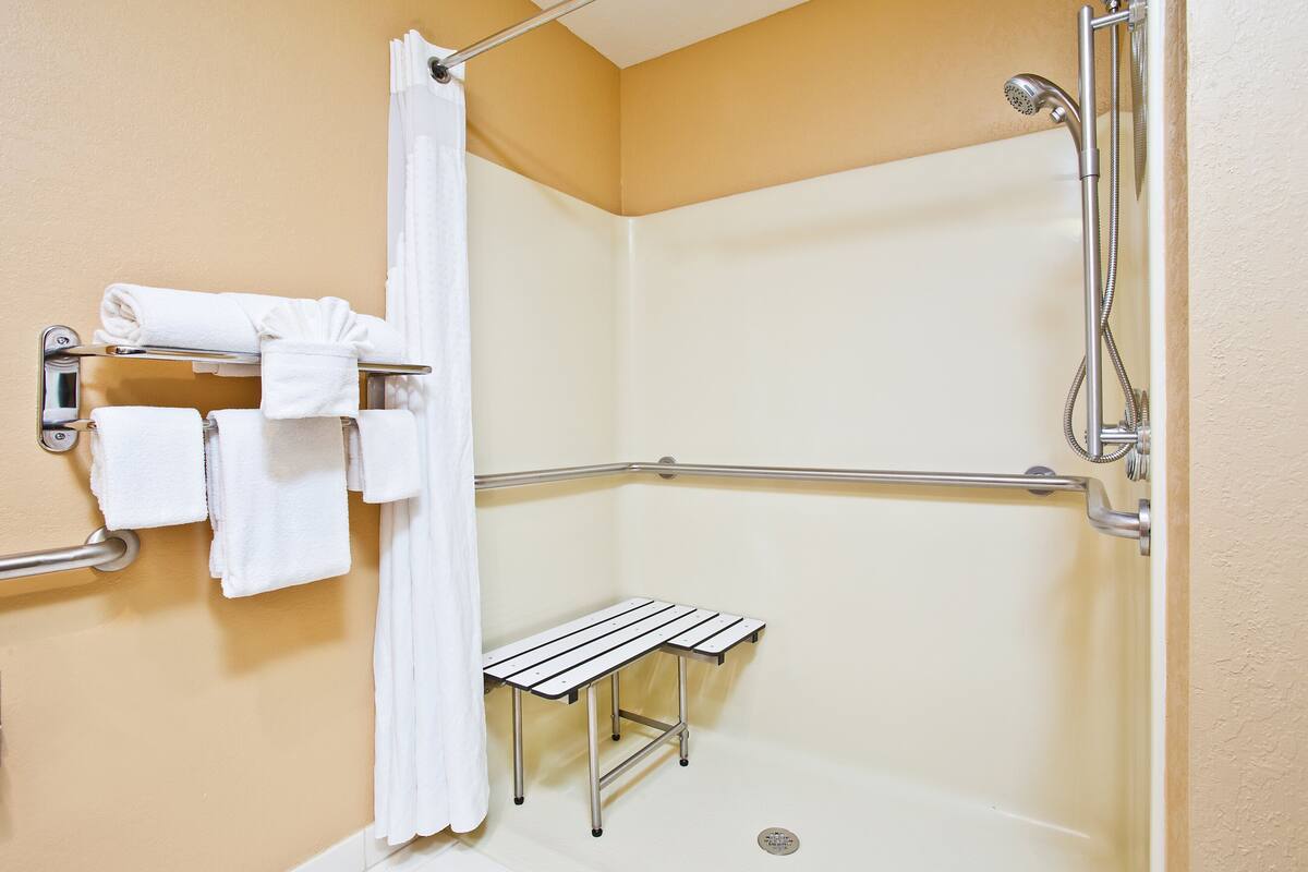 A shower area with a grab bar, a towel rack, and a small shelf.
