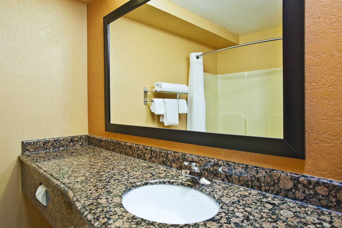 combined shower/bathtub, hair dryer, towels